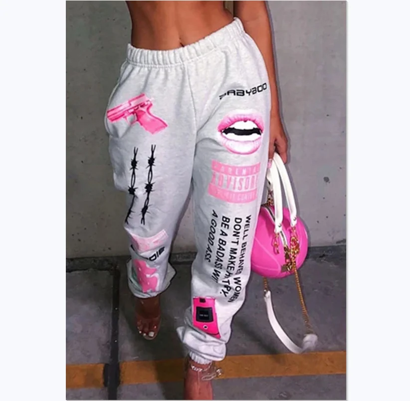 

2021 Fall Streetwear Plus Women's Pants Graffiti Printed Joggers Sweat pants High Waist Harem Drawstring Sweatpants Woman