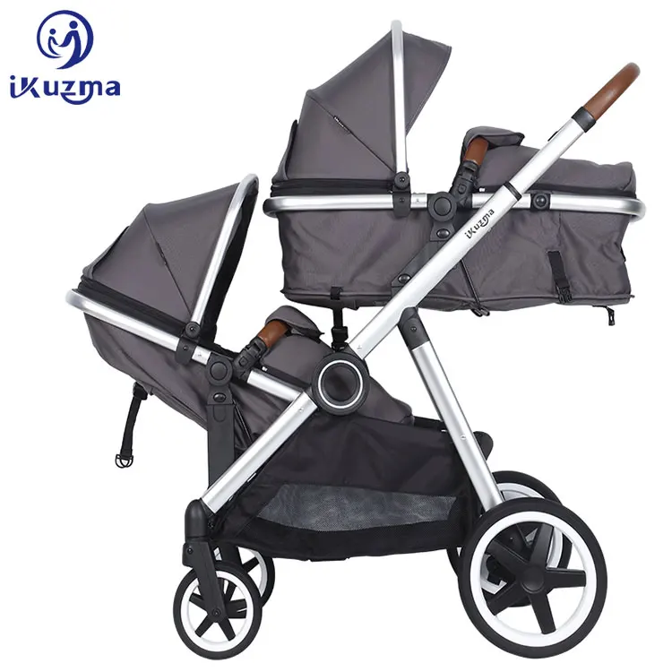 

European Double Stroller Twins 3In1 Stroller Toddler For 2, Black, navy, grey