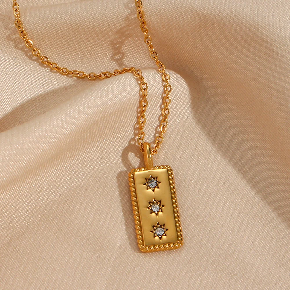 

Romantic Texture Rectangle Card Pendant Necklace Zircon Stainless Steel Necklace Design Jewelry