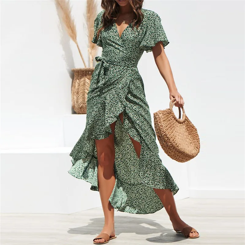 

Summer Beach Maxi Print Long Chiffon Women Floral V-Neck Ruffles Wrap Casual Split Sexy Party Dress vestidos