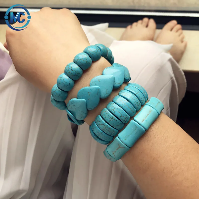 

Amazon hot new product wide face elastic rope turquoise bracelet retro love geometric bracelet for men and women, Color