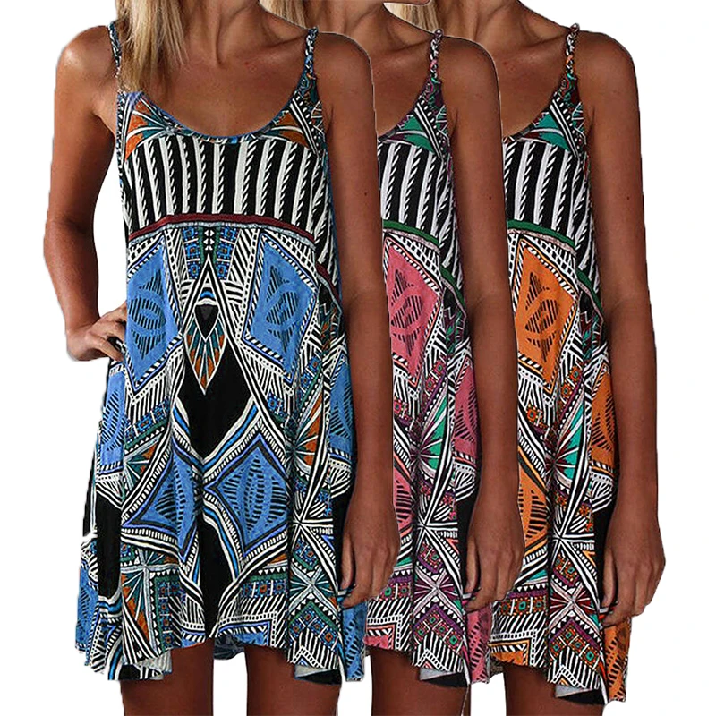 

New Arrivals Sleeveless Boho Dresses Summer Casual V Neck Mini Bohemian Floral Dress