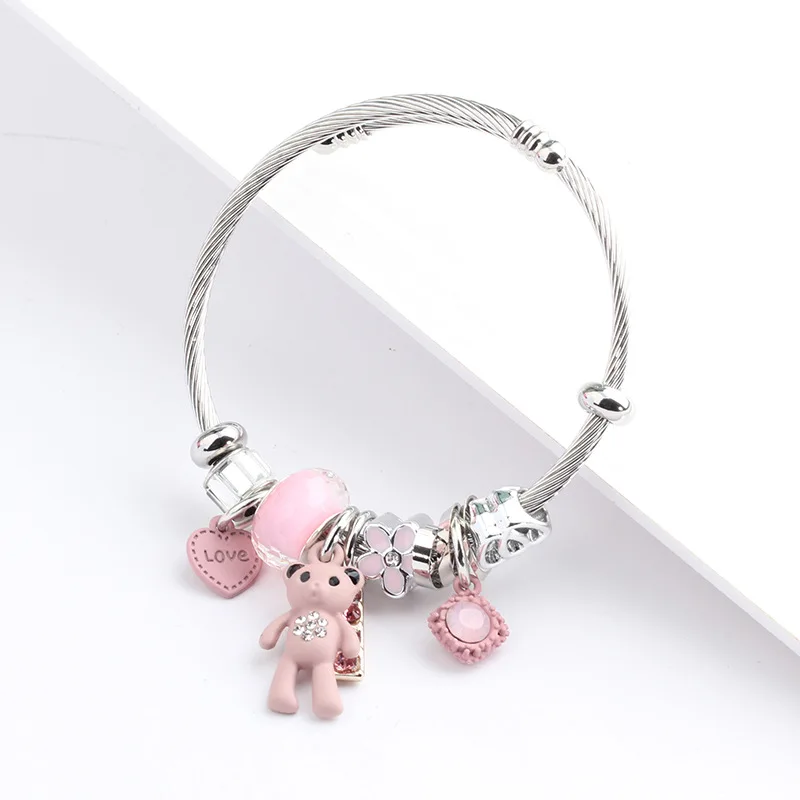 

DIY Charm Bracelet & Bangle with Bear Pendant Adjustable Chain Women Girl Party Wedding Jewelry 2 Colors