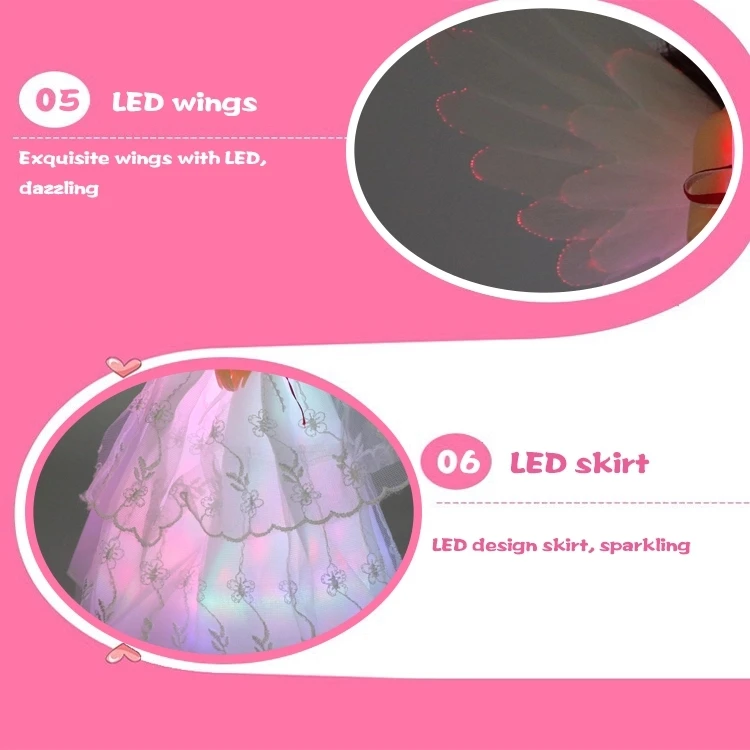 Hot Sale Girls Toys Beautiful Shiny Winged Princess Cute Doll Toy With Music & LED Light