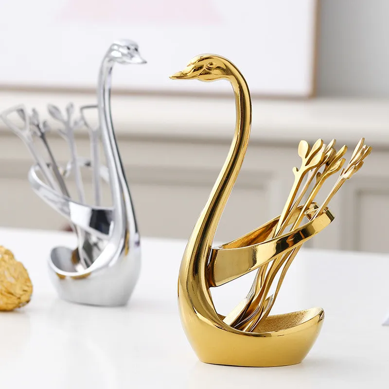 

Stainless Steel Swan Dinnerware Gold Fruit/Dessert Cutlery Set For Swan Base Holder Silver Leaf Forks Portable Teaspoon, As photo