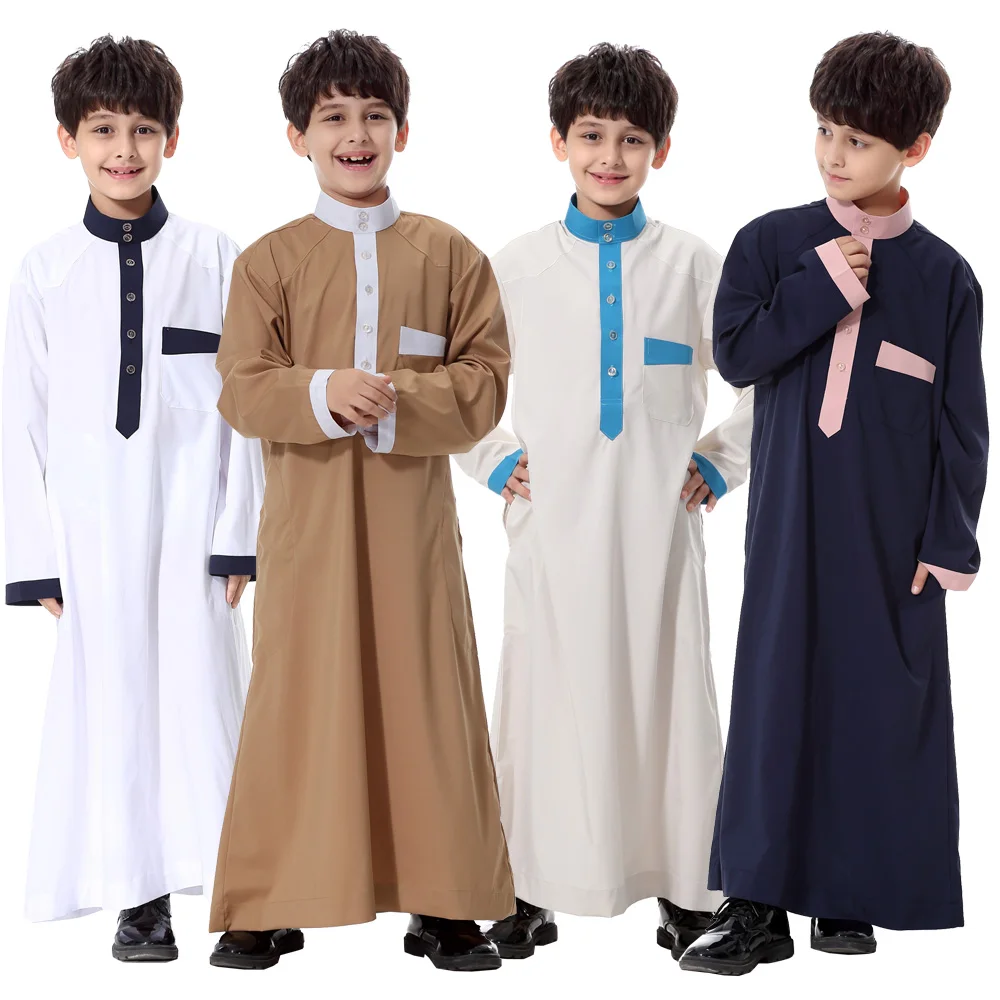 

Muslim Arab Middle East Boy's Patchwork Standing Collar Robe Thobe Thawb Caftan Gown For Kids