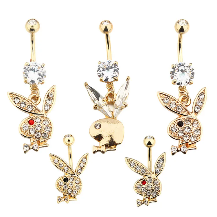 

Hip Hop Stainless steel Rabbit Diamond Piercing Umbilical Nail Navel & Belly Button Rings Body Jewelry, Gold/silver