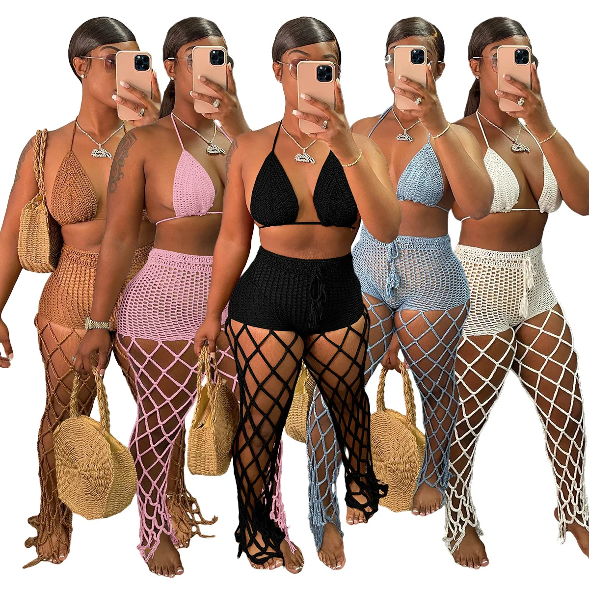 

Swimwear Sexy Bikini 2022 Hot Sale Hollow Out Drawstring Net Pants Crochet Bikini Womens Swimsuits Sexy Bikini