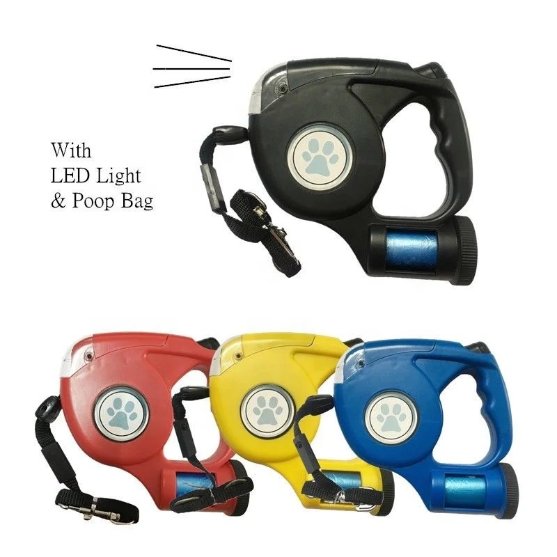 

Wholesale factory supply LED Light flashlight and poop bag Retractable Dog Leash with Waste Bag Dispenser, Customized colors