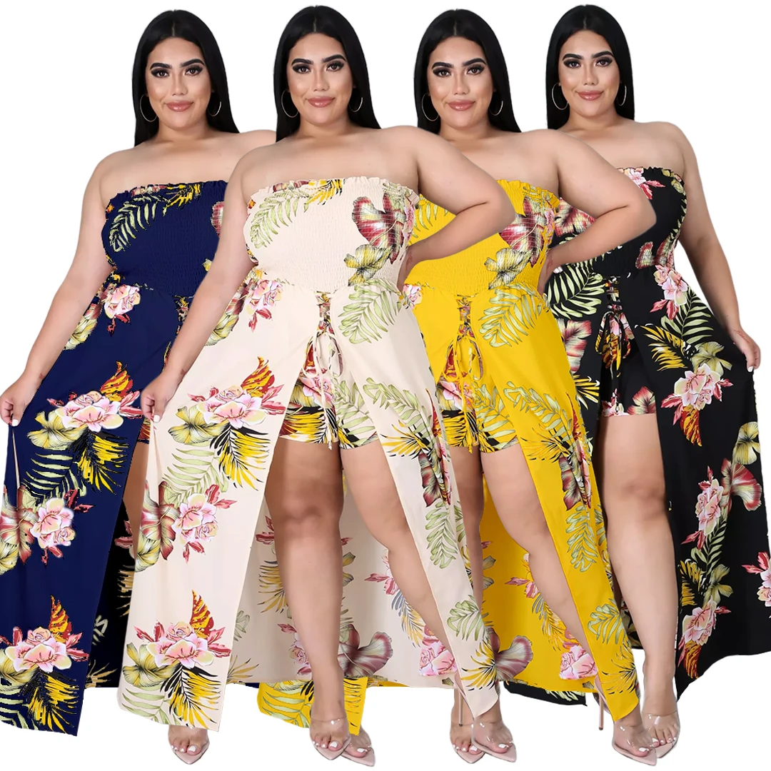 

Spring 2022 Womens Clothing Plus Size Flower Printed Stretch Jumpsuit Women Bodycon Spliced Long Skirt Womens One Piece Suits, This type has 4 printed