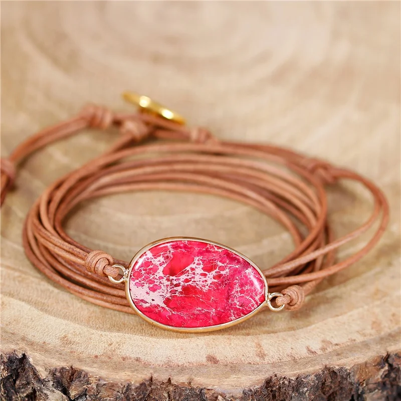 

Vintage Hot Pink Imperial Jasper Stone Oval Charm Leather Wrap Bracelet For Women Friendship Gift Wholesale Dropshipping