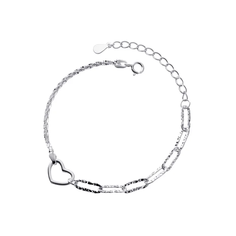925 Sterling Silver Minimalist Asymmetric Chain Heart Shape Charm Bracelets Jewelry