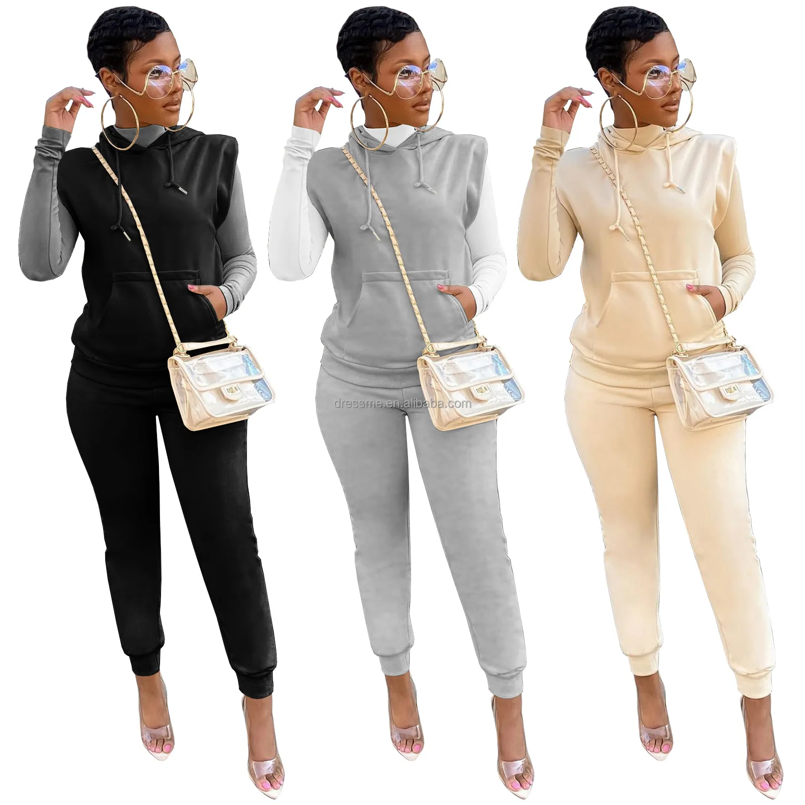 

MT103-9099 wholesale autumn and winter women's fashion sleeveless plus fleece hoodie solid color sweatshirt two piece pants set