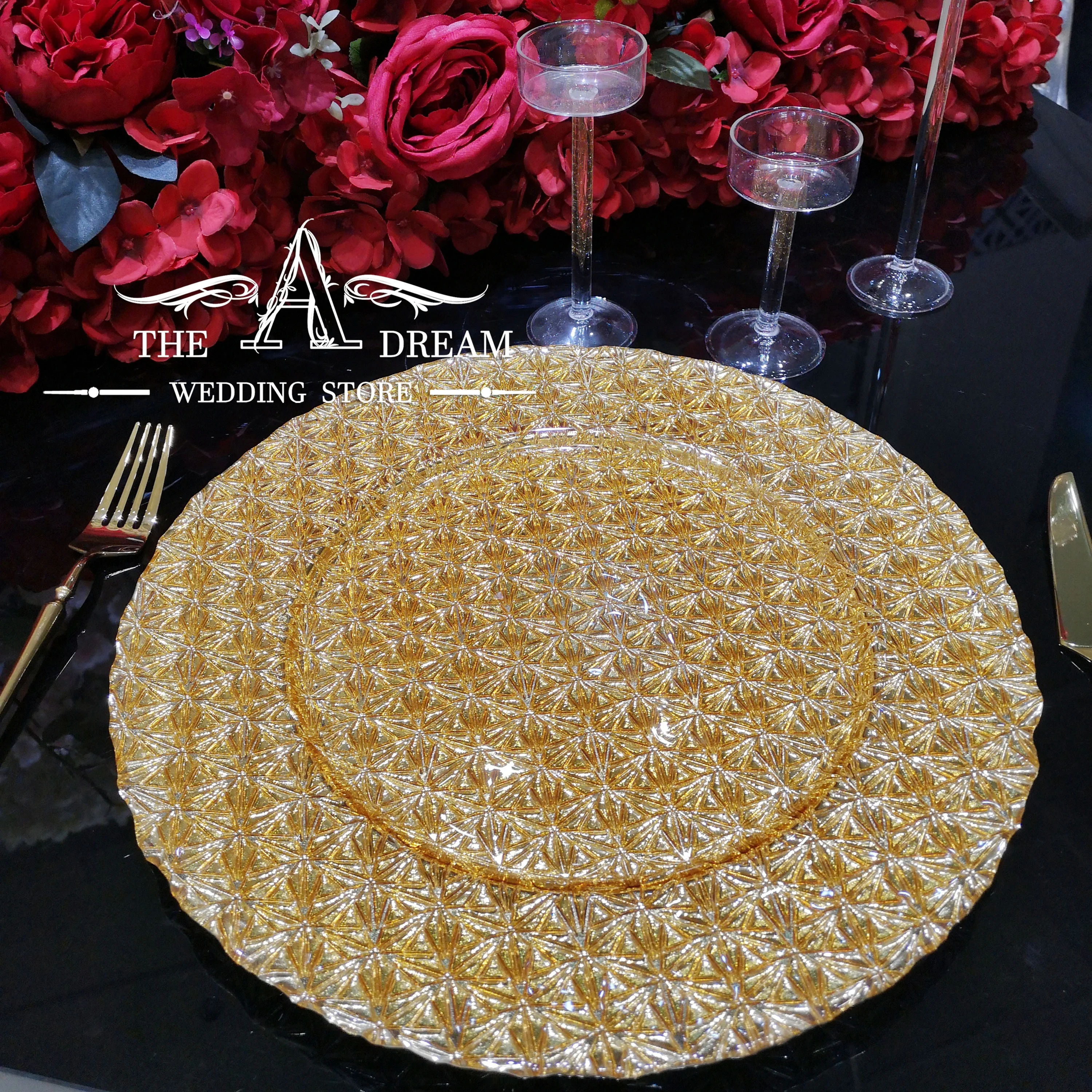 

GCP-0026 Golden Glass Charger Plate 33cm Luxury Wedding Glass Charger Plate / Plato de boda From The A Dream Wedding Store
