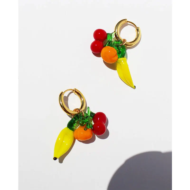 

Colorful Pumpkin Banana Cherry Fruit Hoop Earrings 18K Gold Plated Glaze Glass Earrings for Women Cute Vintage Handmade Jewelry