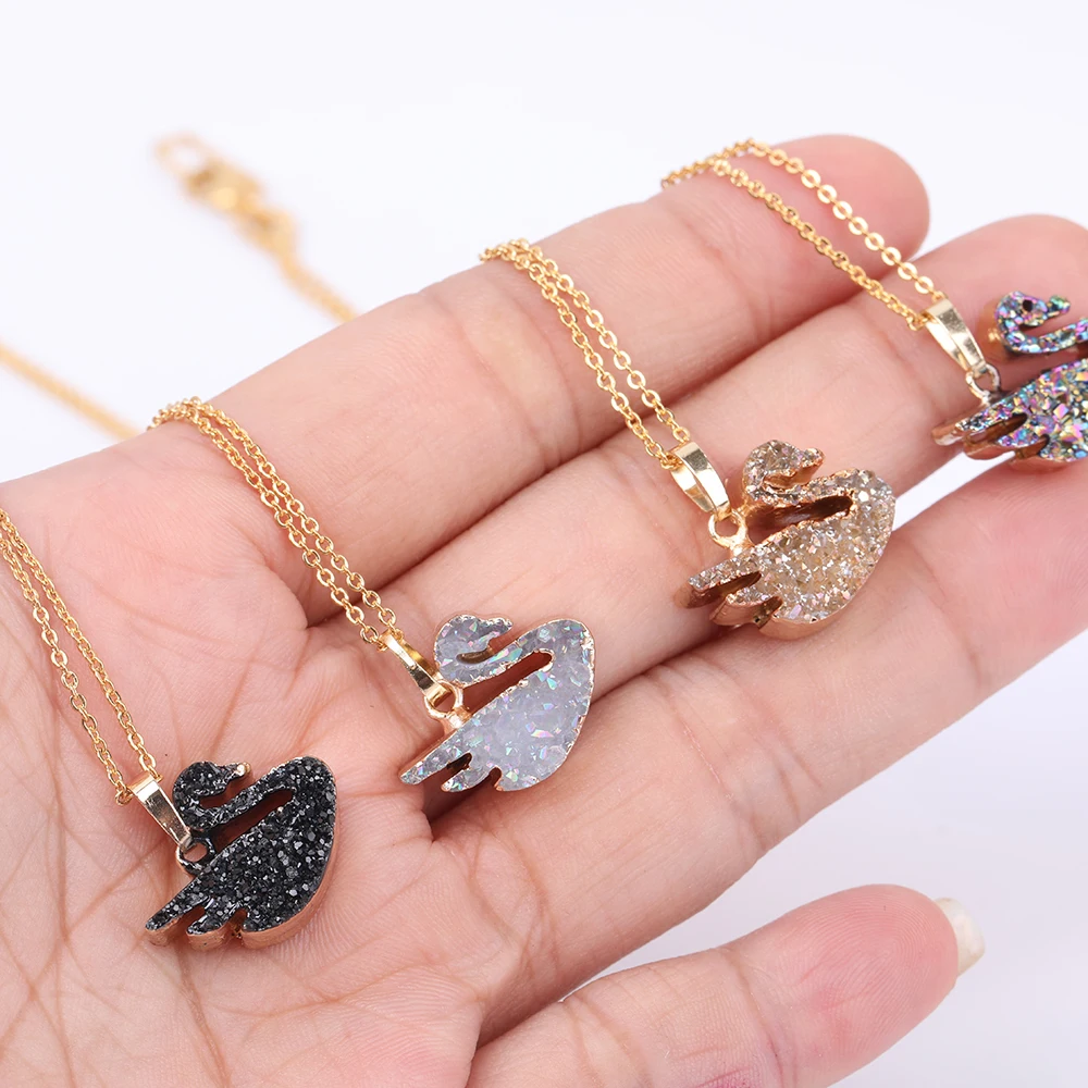 

High Quality Gold Plated Girls Simple Agate Swan Pendant Necklace, As picture