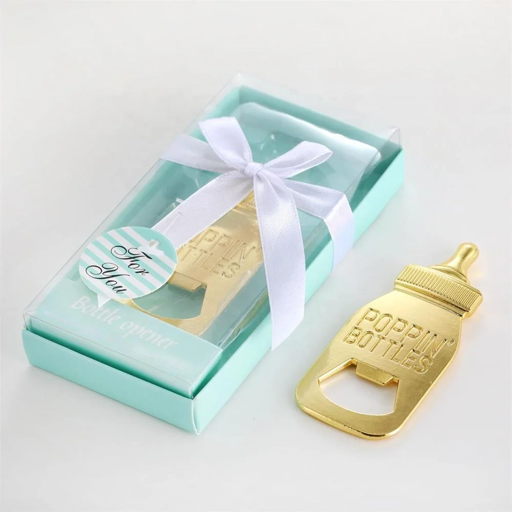 Wedding Favors or Baby Shower Gifts Elegant Blue Box Gold Poppin' Bottles Design Baby Bottle Opener