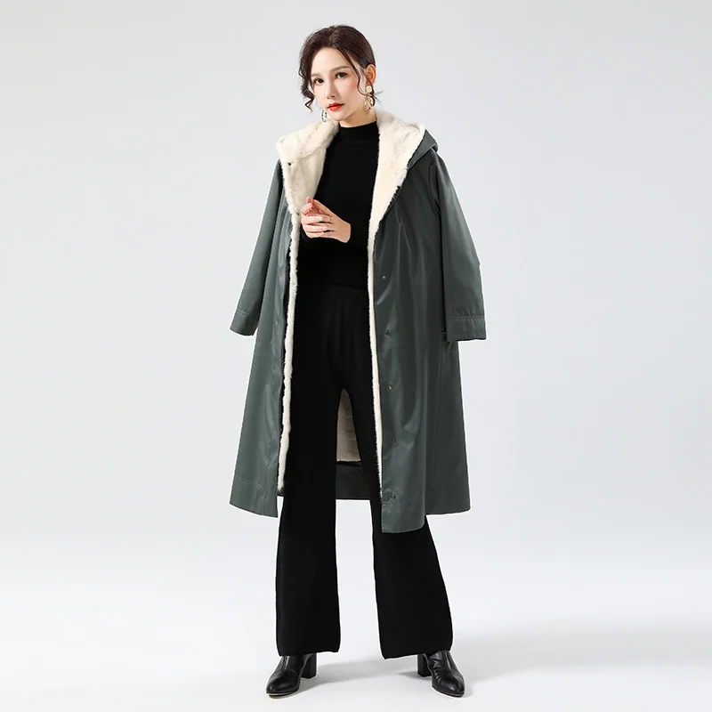 

GUNV Sheep Winter Clothing Jackets Coat Soft Fur Wholesale Fox Fur Fabric Cashmere Women Woolen Long Trench Autumn Winter Hooded