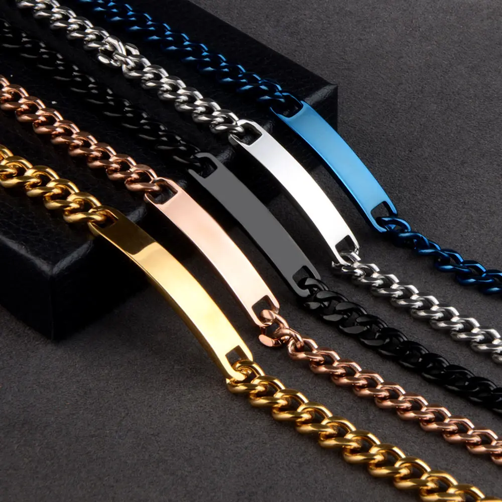 

7mm Classic 5 Colors Engraved Logo Jewelry Gift Stainless Steel Curb Cuban Link Chain Bracelet For Men