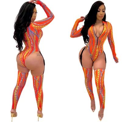 

B34773A 2020 Autumn summer sexy print long sleeve removable bandage Jumpsuit