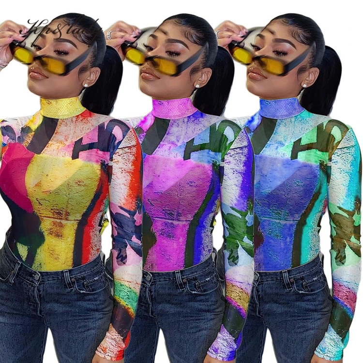 

Explosive Style Trendy Brand High Neck Tight-Fitting Top Casual Trend Solid Color Multi-Element Printing Sexy Blouse Women, Custom color