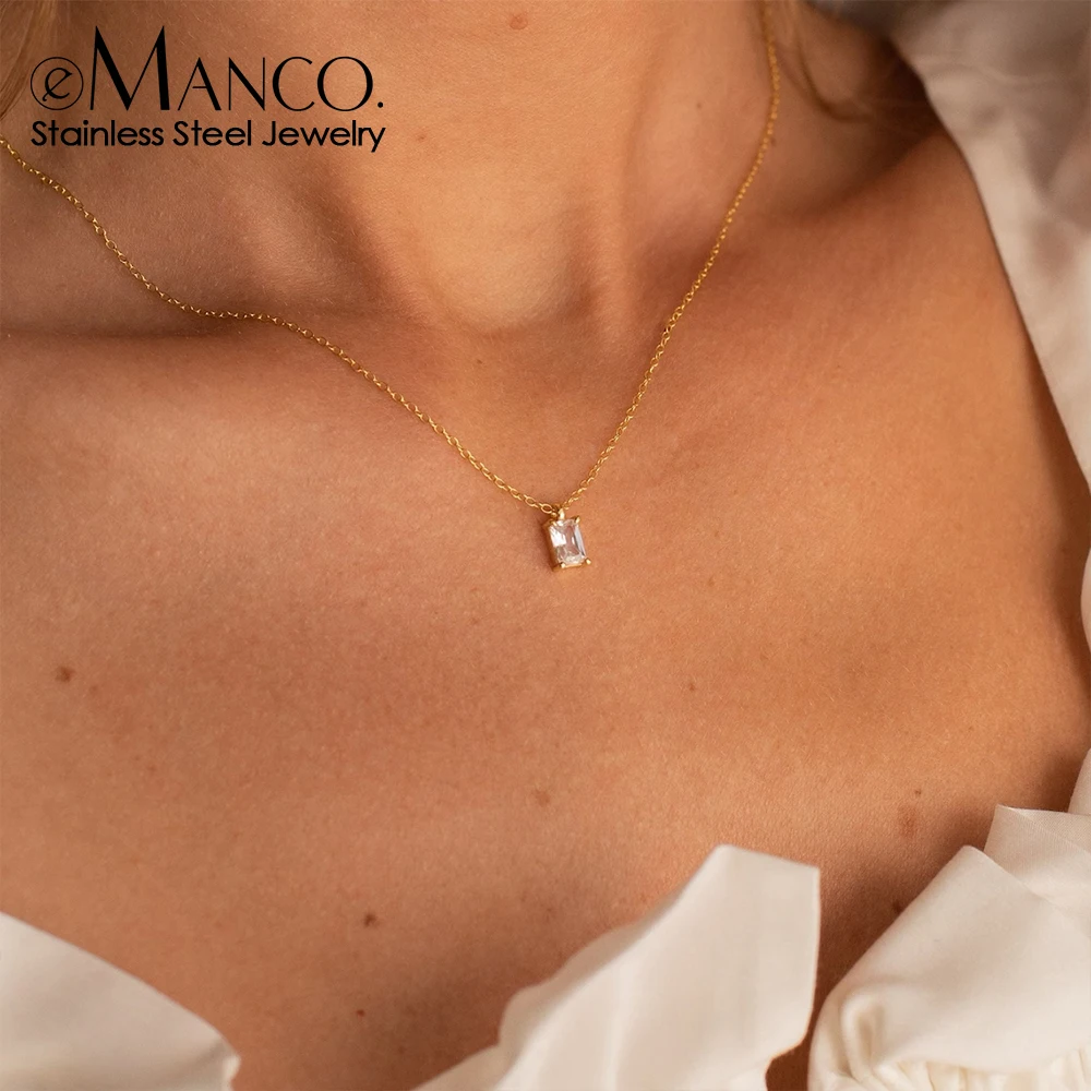 EManco Women's Fine Jewelry Stainless Steel Gold-Plated Rectangular Zirconia Pendant Necklace Necklace Fashion Pendant Necklaces