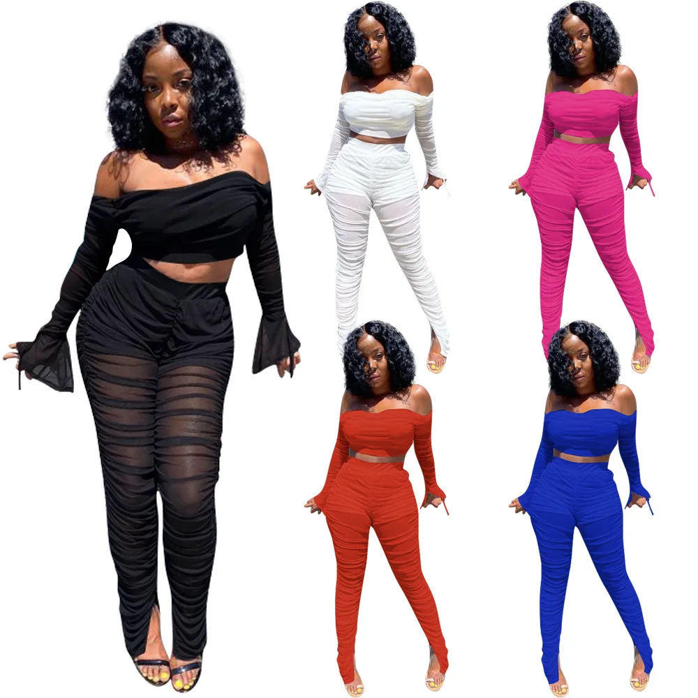 

Two Piece Set Women Clothing Mesh See Through Transparent Top Backless Off Shoulder Flare Sleeve And Long Pant Party Night Club, White, orange, rose, blue, black