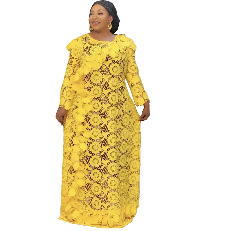 

African fashion lace dress styles women long sleeve plus size african muslim abaya dresses, Yellow