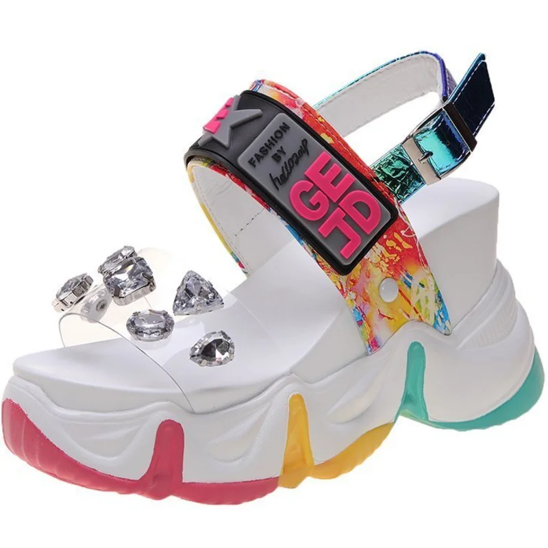 

Dropshipping Custom Logo Summer Rainbow Bottom Women's Wedges Sandals Platform Chunky Wedge Heeled Sandals for Women