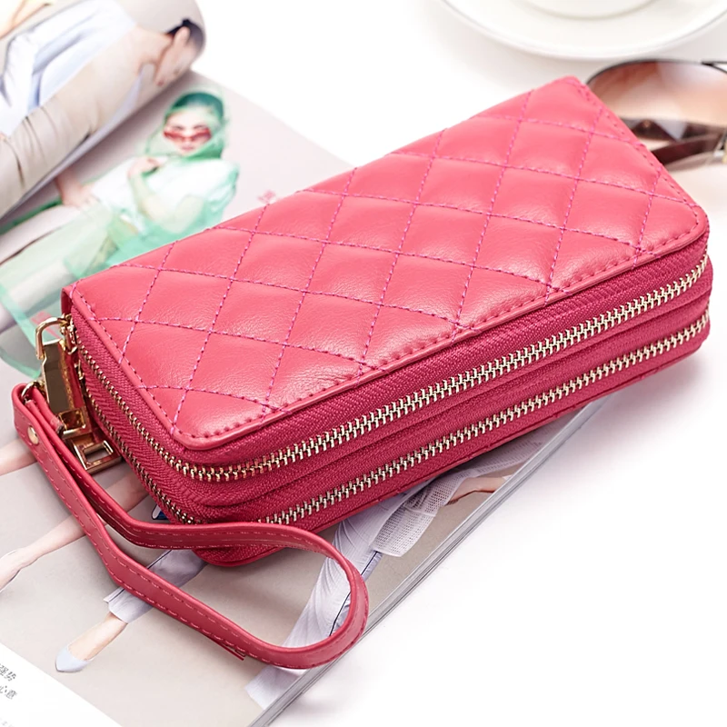 

2021 Wholesale women wallet ladies' long purse Leather High Quality Double zip phone clutch wallets, 4 colors