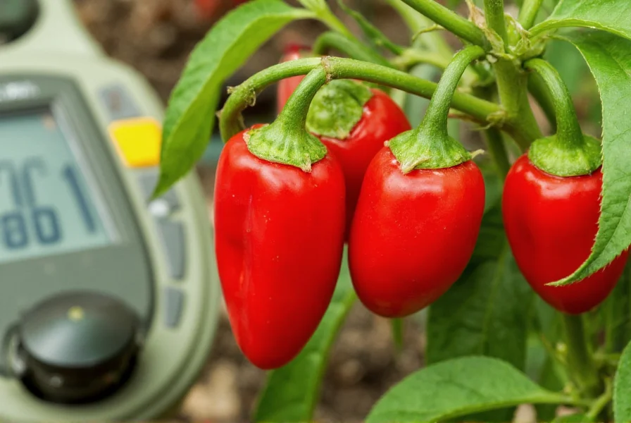 Close-up of red ghost peppers growing on plant with scientific measurement equipment nearby