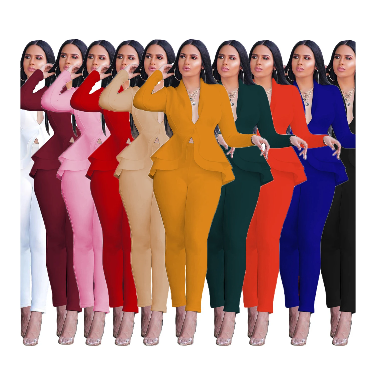 

Drop shipping Fashion Women Office Clothing 2 Piece Set Ruffled Air Layer Ladies Business Wear Uniform Casual Suit Two Piece, As show