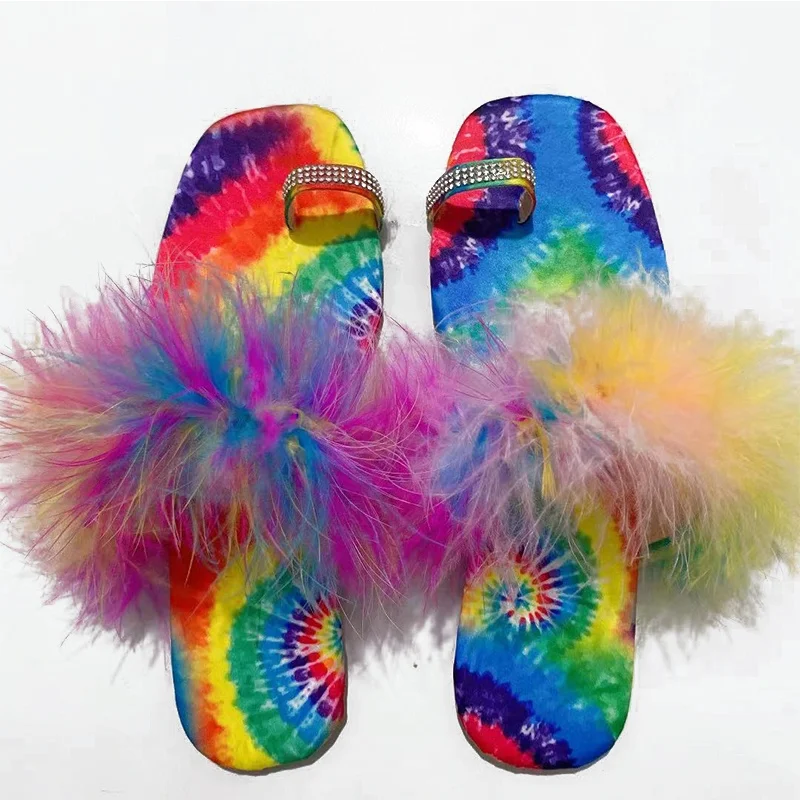 

Summer Beach Ladies Casual Rainbow Rhinestone Turkey Feather Woman Shoes Flat Sandals