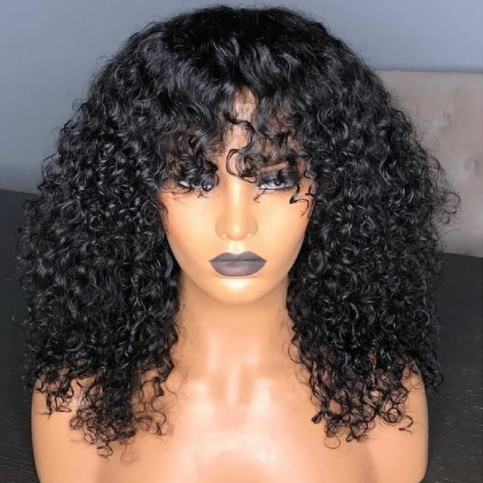 

Cheap 150% density bob short jerry curly frontal curly lace closure wig with bang fringe baby hair for black women