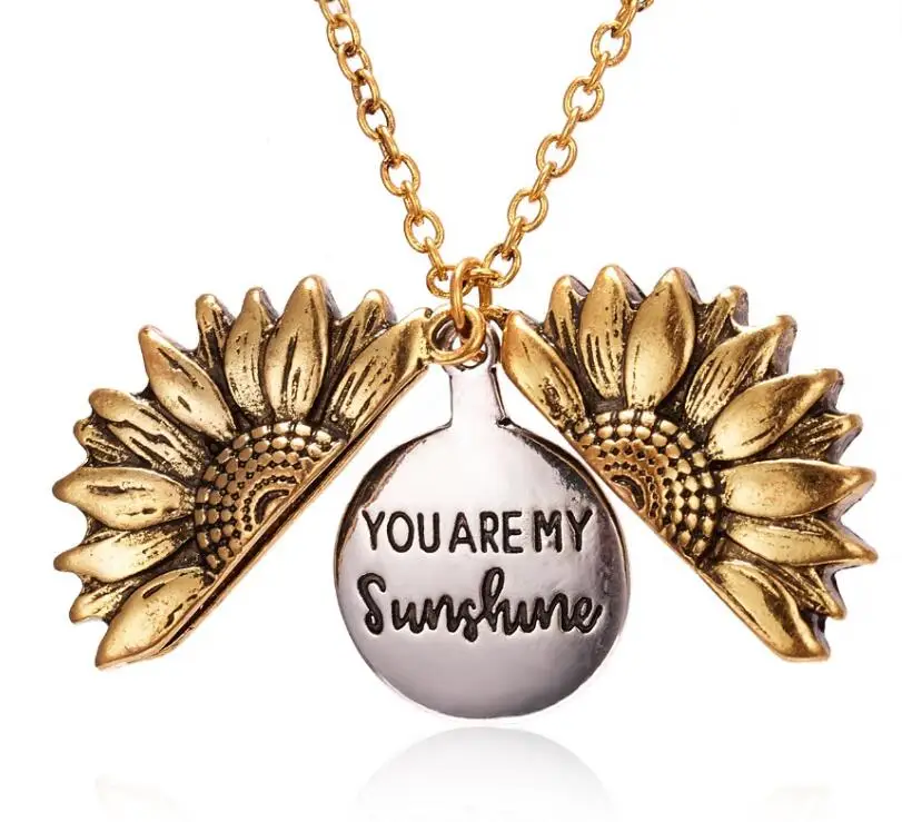 

WIIPU Antique Gold Silver Open Locket Necklace Engraved You Are My Sunshine Sunflower Pendant Necklace Unique Party Jewelry Gift, Gold,silver,black