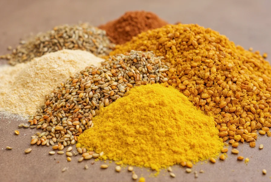 Close-up of various dry mustard substitutes including prepared mustard, mustard seeds, and spice blends arranged on kitchen counter
