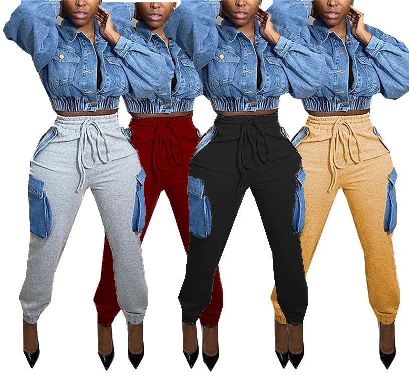 

Thick pants 2021 New Arrivals Fashion pocket patchwork Joggers sweatpants Women drawstring casual tracksuit European style