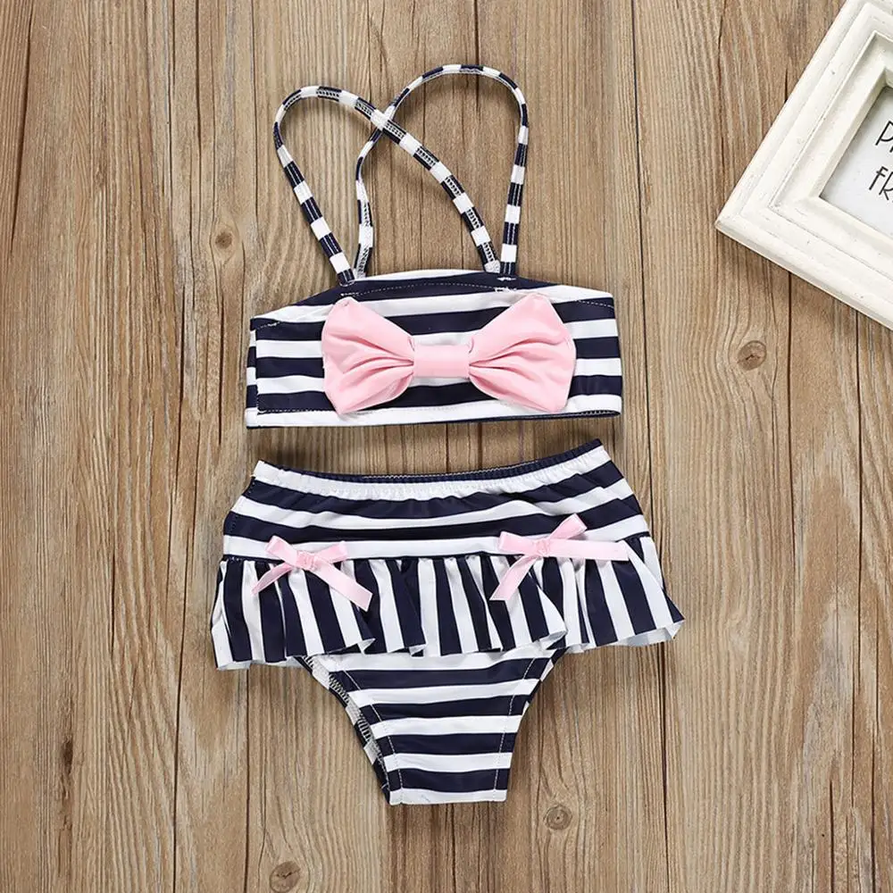 

2019 Baby Kids Girl Two Piece Swimsuit Summer Child Swimwear Girls Striped Bow Split Swimsuit Swimwear Kids Girl Beach Dress OEM, Picture