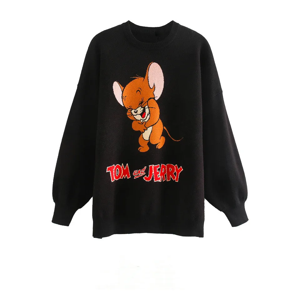 

European and American Autumn Round Neck Long Sleeves Solid Color Cartoon Pattern Fashion Pullover Knitted Women Sweater Tops, Customized color