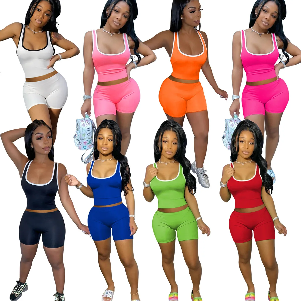 

summer candy color tank top 2 piece biker shorts set, Black,blue,white,red