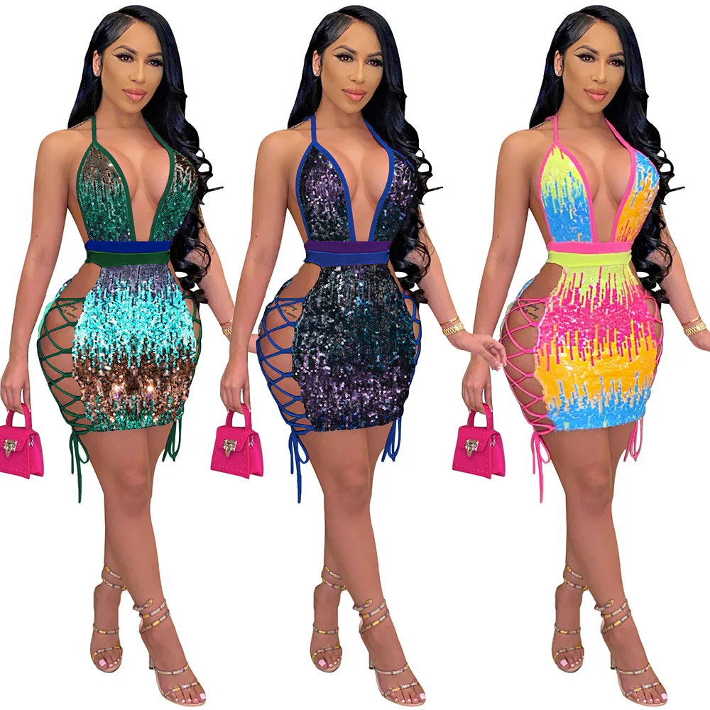 

Deep V-neck Shining Rhinestone Mini Dress Women Fashion Patchwork Sequined Hollow-out Irregular Backless Nightclub Party Dress, As show