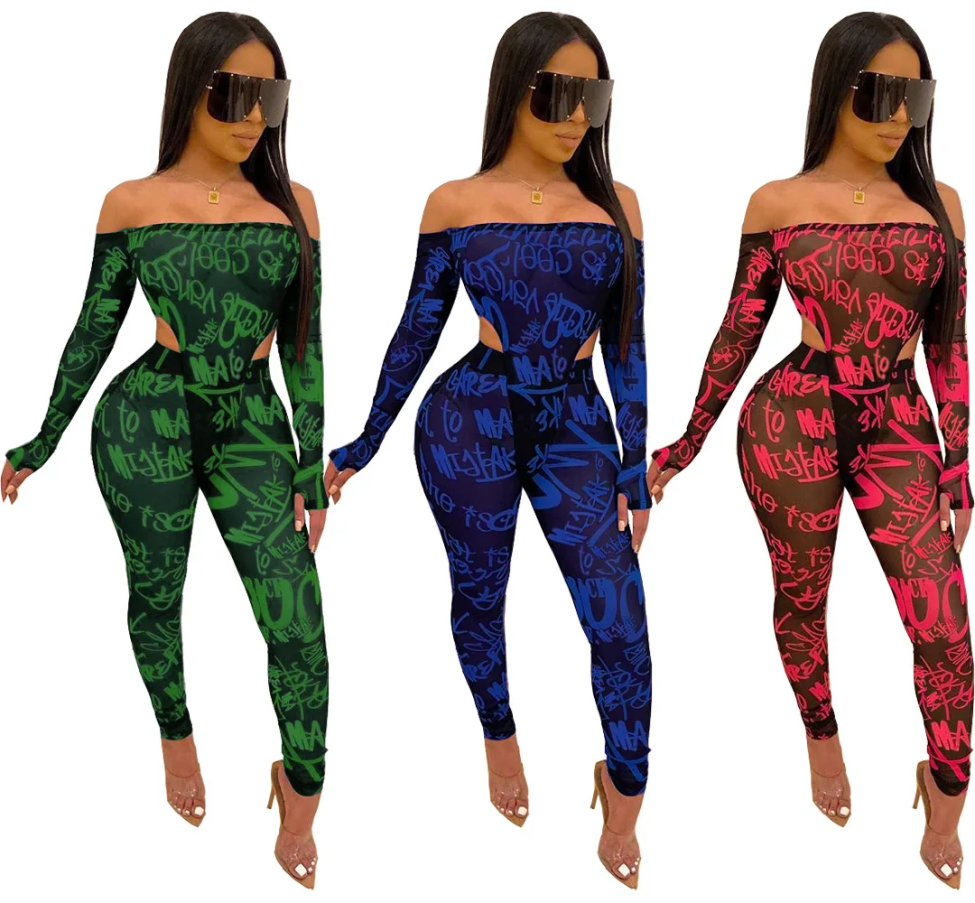 

2021 new product design fashion letter printing sexy one-shoulder mesh suit