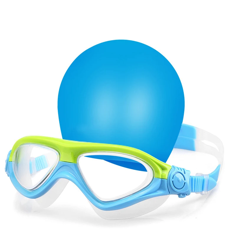 

Kids Swim Glasses Kit, Waterproof Anti Fog Protection No Leaking Clear Wide Vision Soft Silicone Gasket with Swimming Hat