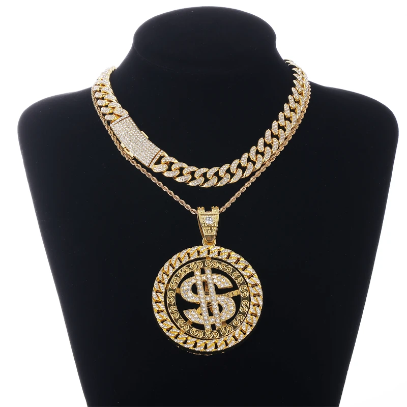 

Hip Hop Fashion Rotatable Dollars Pendant Necklace Big Disc With Cuban Chain Gold Plated Iced Out Necklace Set