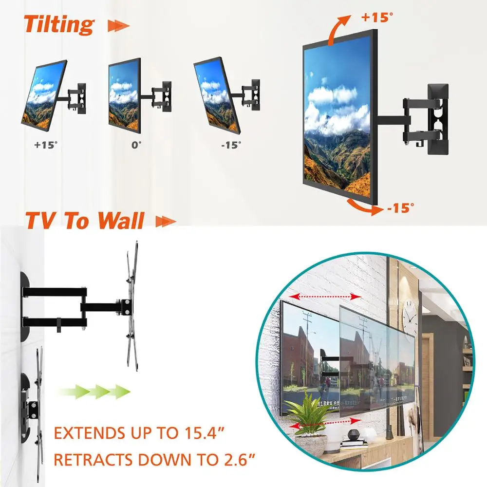 
Flat metal bracket with +/-15 degrees tilt, tv metal shelf wall mount support 180 degrees swivel, Single arm easy to install 