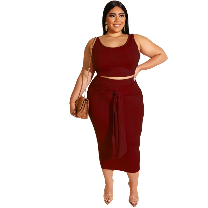 

Sexy Crop Top Bodycon Midi Skirt Two Piece Set Women Plus Size Clothing, Pic