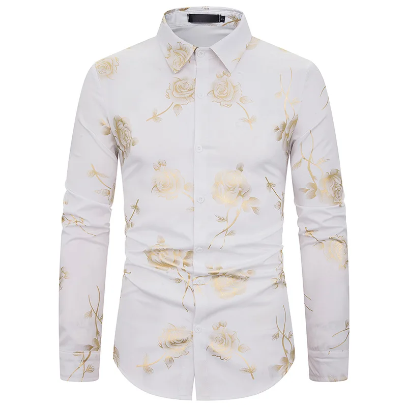 

Spring and Autumn Nightclub Men's Lapel Rose Hot Stamping Slim Long Sleeve Shirt