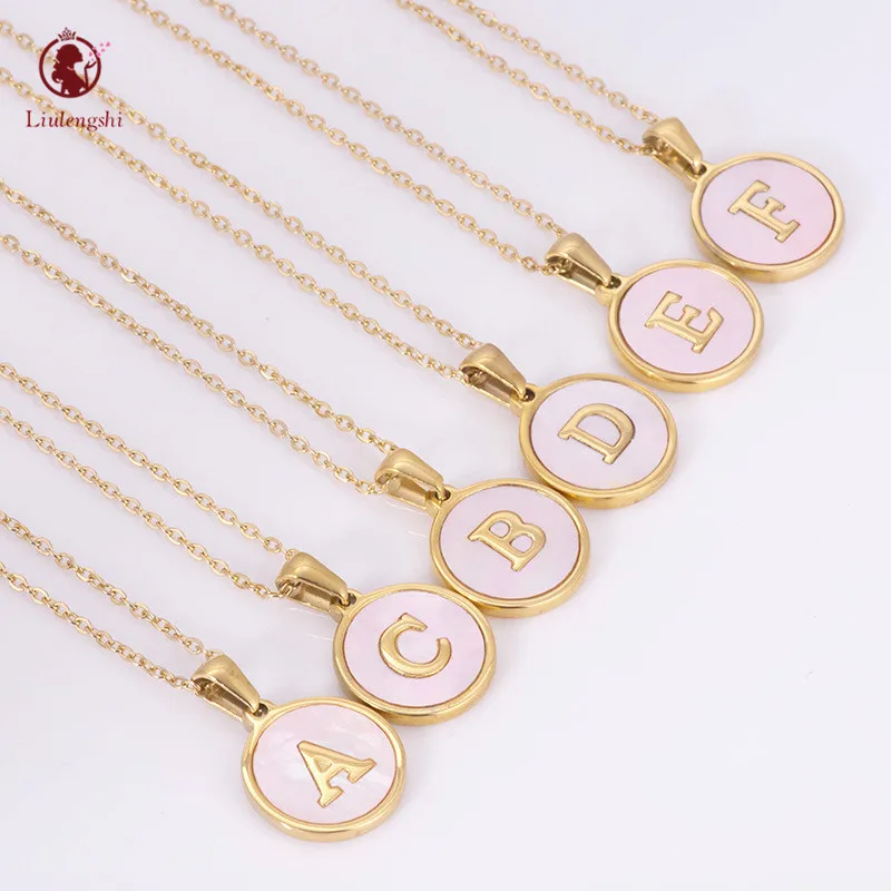 

Korean Stylish Pink Shell Coin Pendant Necklace Stainless Steel Initial Letters Shell Disc Pendant Necklace For Women