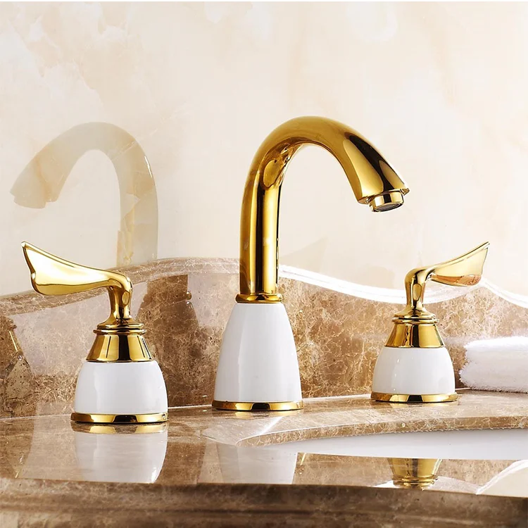 Classic Style Antique Bronze Bathroom Separate Brass 3 Hole Basin Faucet With Ceramic Decoration