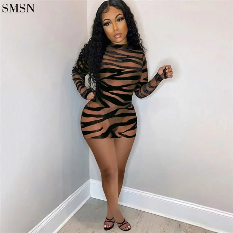 

Casual Dress 2022 Gauze Stripe Print See Through Dress Summer Women Girls' Lady Elegant Sexy Casual Dress